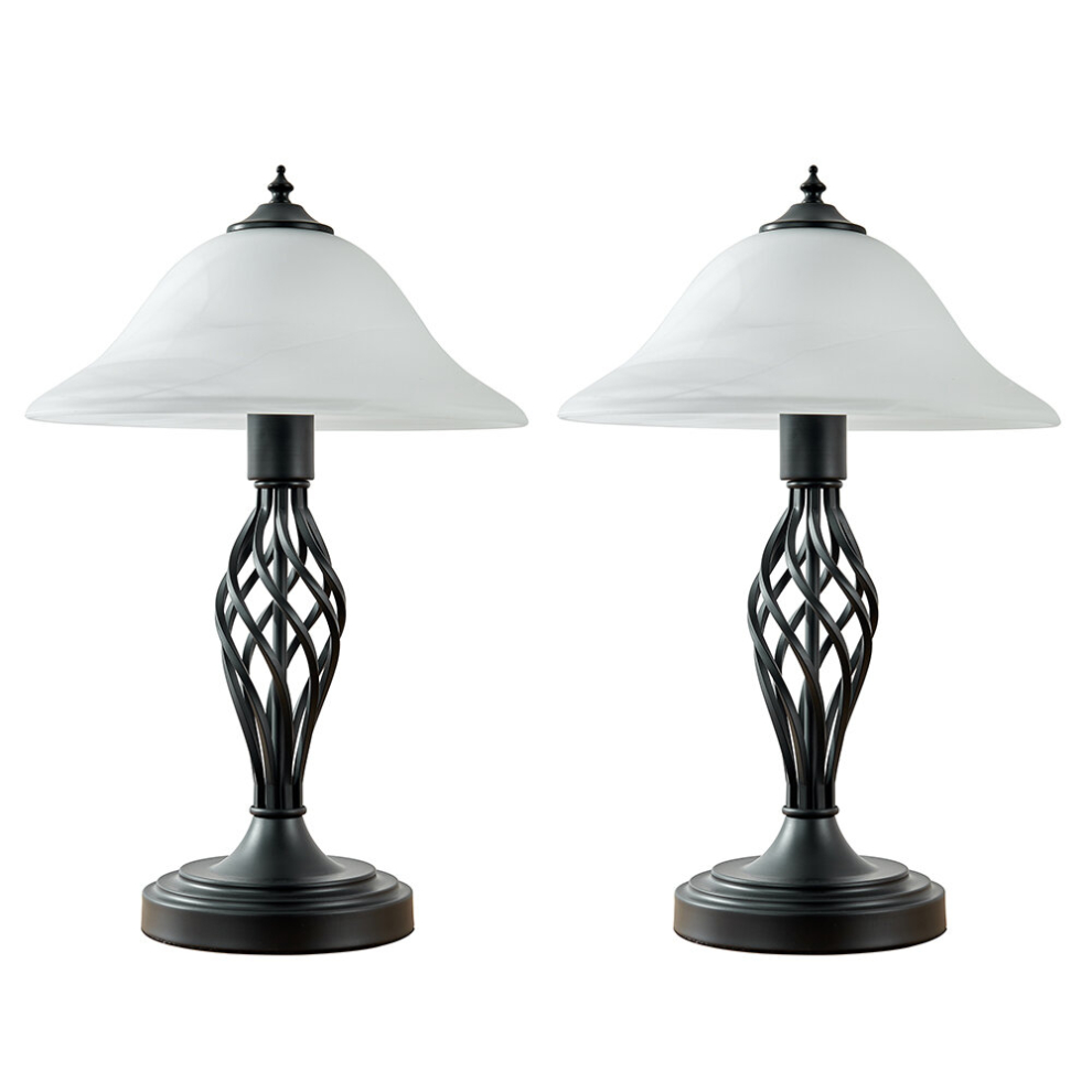 Pair of - Traditional Style Satin Black Barley Twist Table Lamps with a Frosted Alabaster Shade