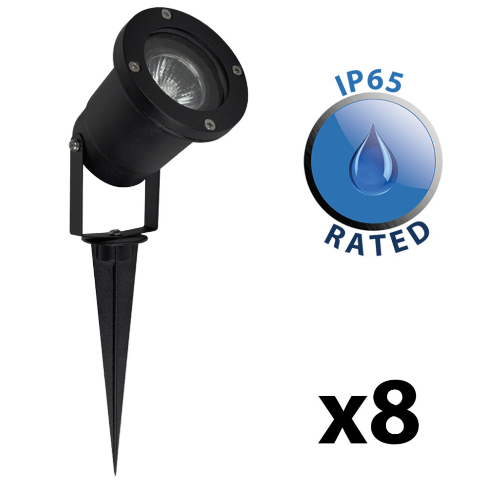Pack of 8 - Modern Ground Spike/Wall Mount IP65 Rated Outdoor Lights in a Black Finish