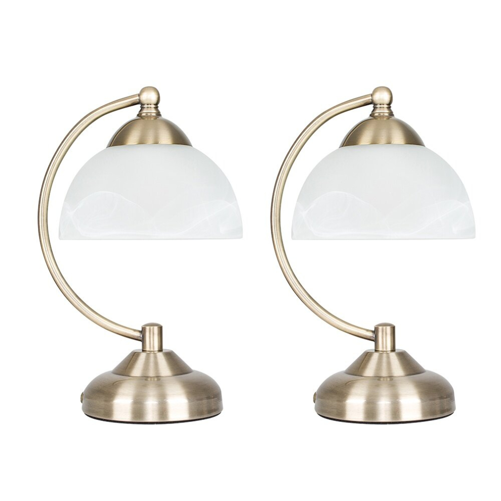 Pair of - Curved Antique Brass & Frosted Glass Bedside Table Lamps- Complete with 4w LED Bulbs [3000K Warm White]