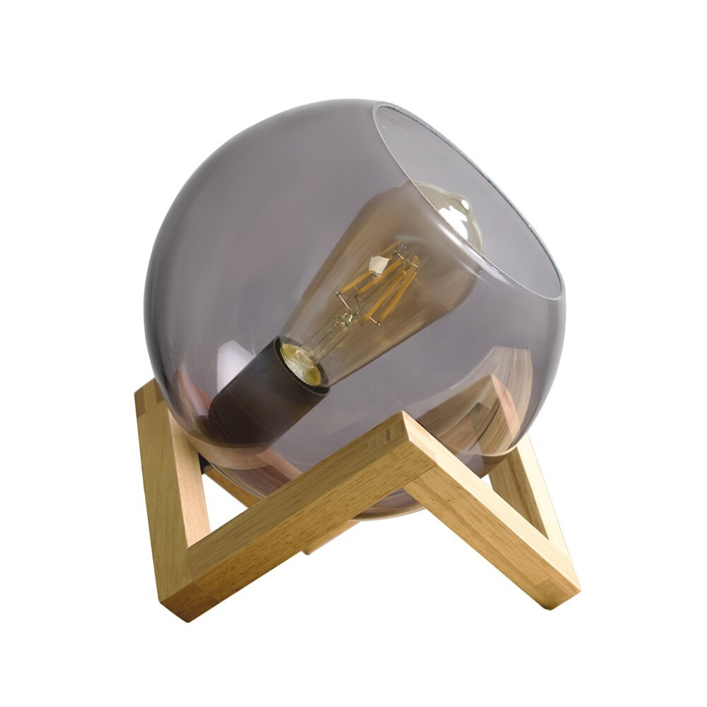 Modern Smoked Effect Glass Globe Bedside Table Lamp on a Wooden Frame Base - Complete with a 4w LED Filament Bulb [2700K Warm White]