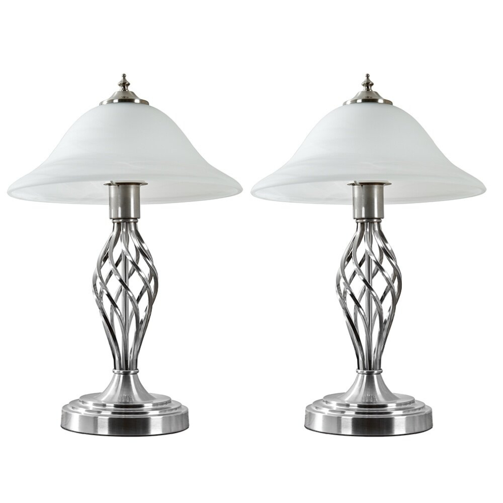 Pair of - Traditional Style Satin Nickel Barley Twist Table Lamps with a Frosted Alabaster Shade - Complete with 6w LED GLS Bulbs [3000K Warm White]