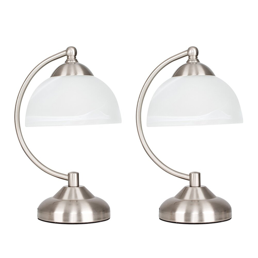 Pair of - Curved Brushed Chrome & Frosted Glass Bedside Table Lamps- Complete with 4w LED Bulbs [3000K Warm White]