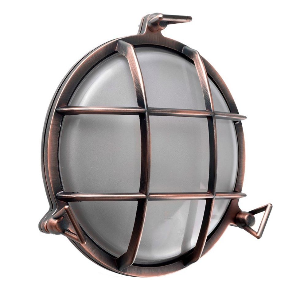 Modern IP64 Rated Round Metal Bronzed Rustic Copper Effect Nautical Design Frosted Lens Outdoor Wall Fisherman Boat Style Light