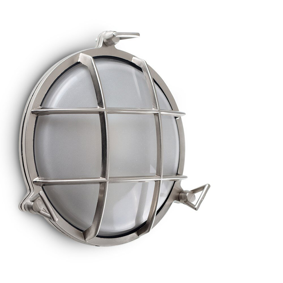 Modern IP64 Rated Round Nautical Design Frosted Lens and Polished Aluminium Metal Outdoor Wall Light - Complete with an 8w LED Filament Bulb