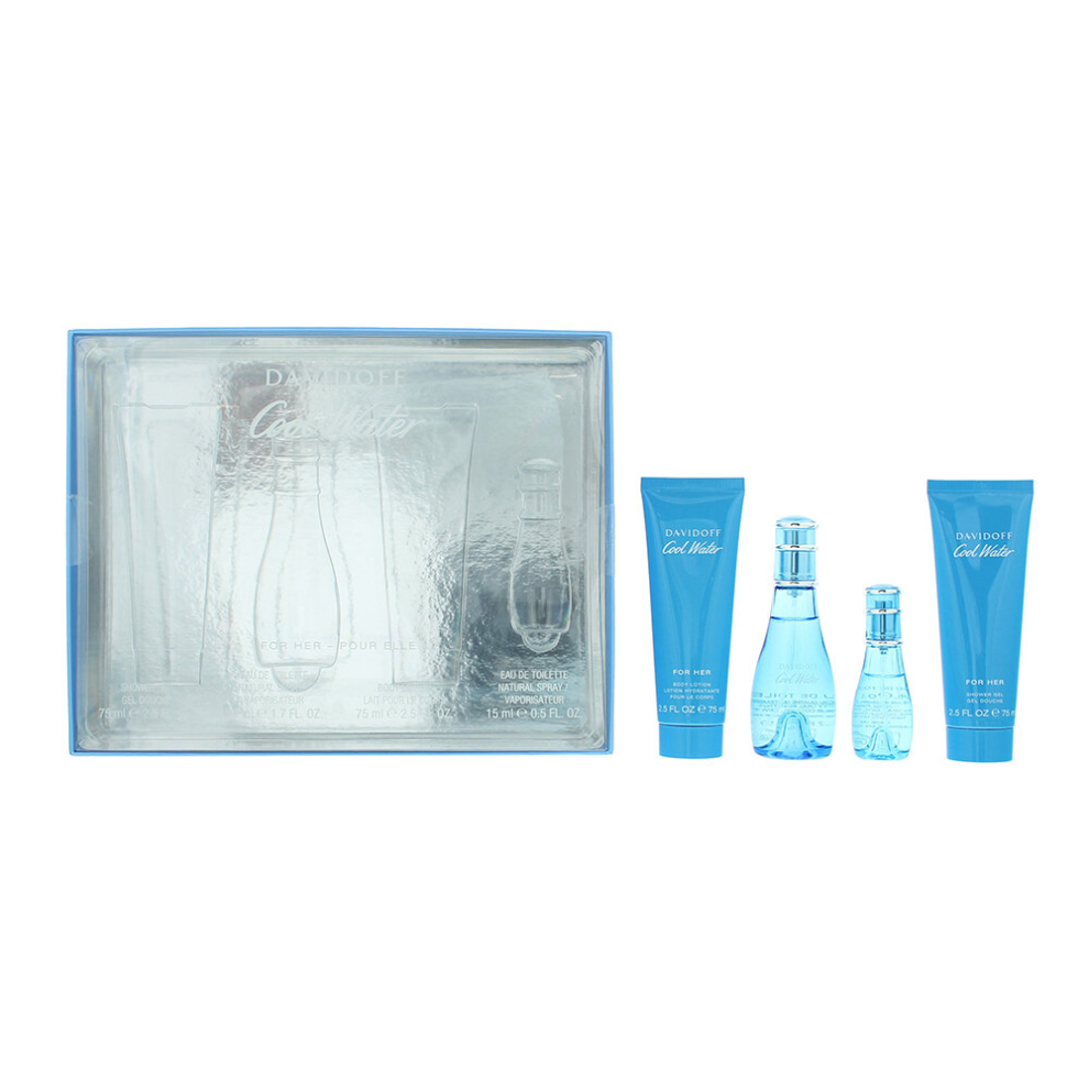 Davidoff Cool Water Woman Gift Set 50ml EDT Spray + Eau de Toilette 15ml + Body Lotion 75ml + Shower Gel 75ml