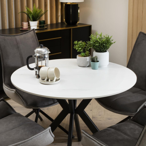 White Ceramic Marble Round Dining Table And Chairs Set - 4 Seater on OnBuy