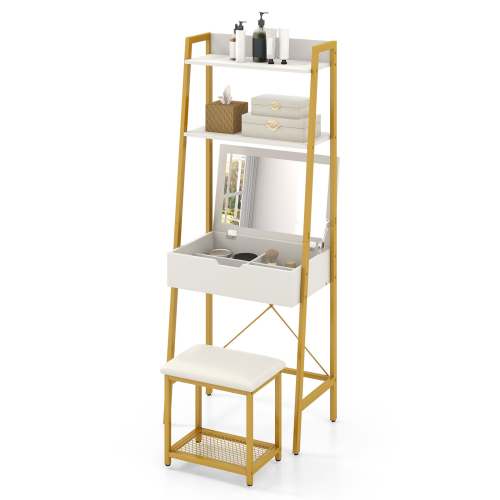 Casart 3 IN 1 Vanity Dressing Table Set Book Storage Shelf Ladder Desk Cushioned Stool