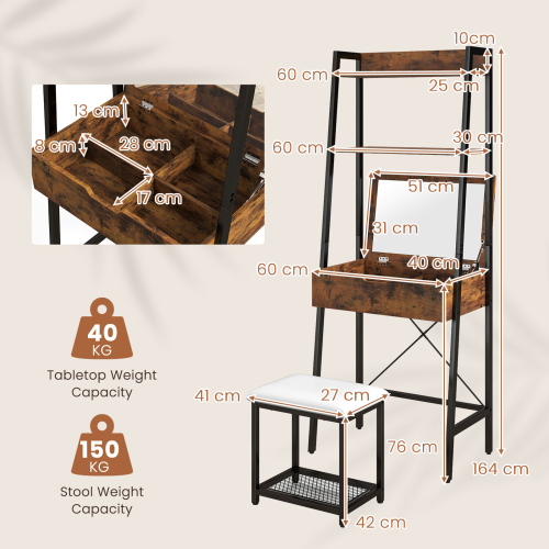 Casart 3 IN 1 Vanity Dressing Table Set Book Storage Shelf Ladder Desk Cushioned Stool 1