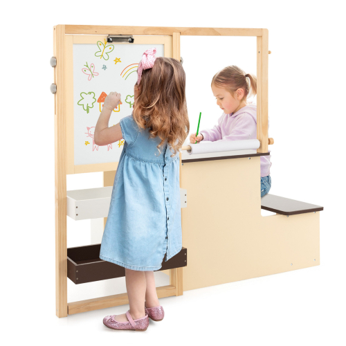 Costway Children's Art Easel & Drawing Table Bench Set Double-Sided Adjustable with Chalks