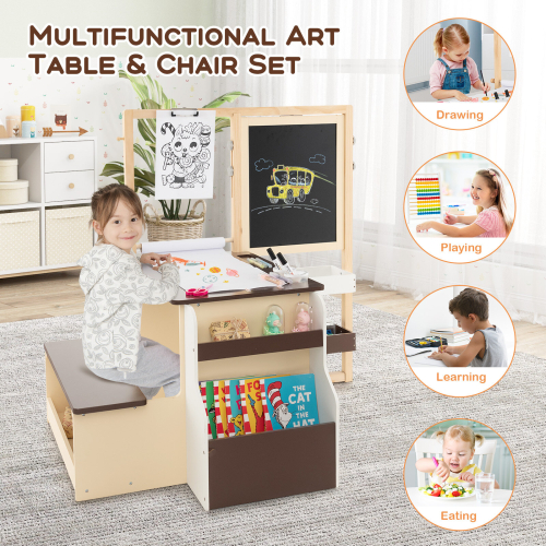 Costway Children's Art Easel & Drawing Table Bench Set Double-Sided Adjustable with Chalks 1