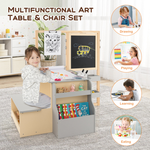 Costway Children's Art Easel & Drawing Table Bench Set Double-Sided Adjustable with Chalks 1