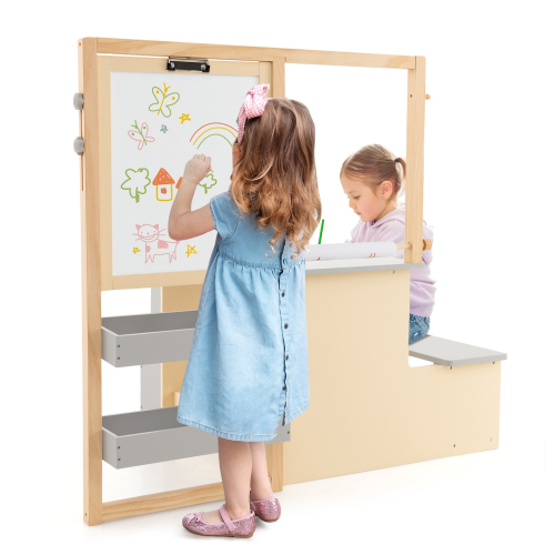 Costway Children's Art Easel & Drawing Table Bench Set Double-Sided Adjustable with Chalks