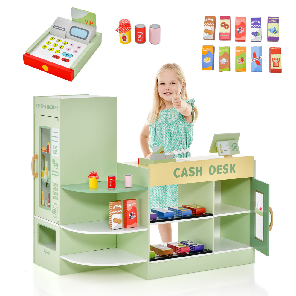 2-In-1 Kids Supermarket Role Play Set w/ Counter, POS Machine & Pretend Food Xmas Gift 