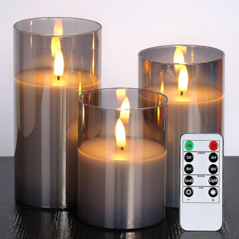 Glass Led Flameless Candles, Battery Candles, Pillar Candles Battery Operated With Remote Control And Timer, Electric Candles, Wax grey Glass, Set Of