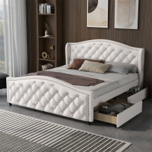 Upholstered Bed with 2 Drawers and Headboard with Pull Point Rivets