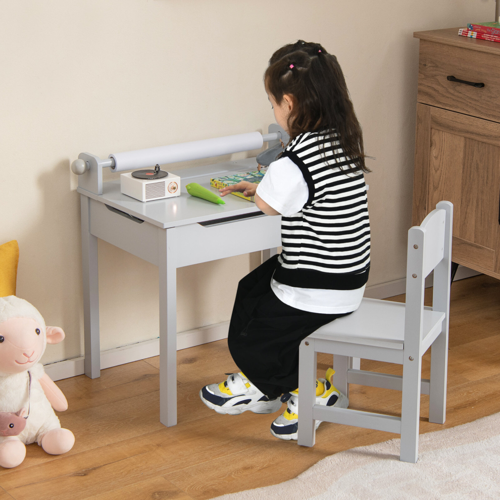 Children's Craft Desk and Chair Set Wooden Toddler Lift-top Table with Paper Roll