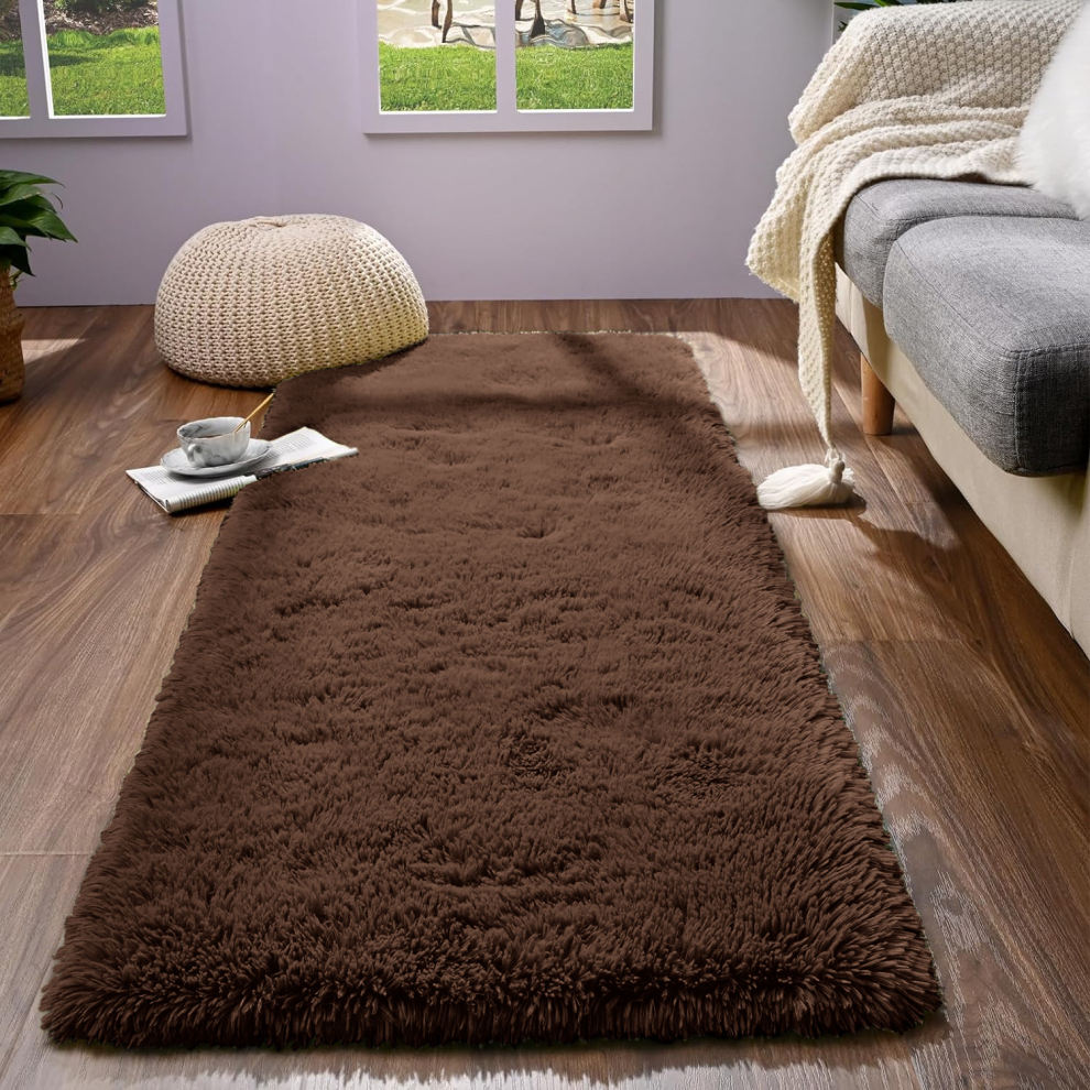 (60cm X 220cm (2ft X 7ft 7"), Brown) Shaggy Runner Rugs Non Slip Kitchen Hallway Runner