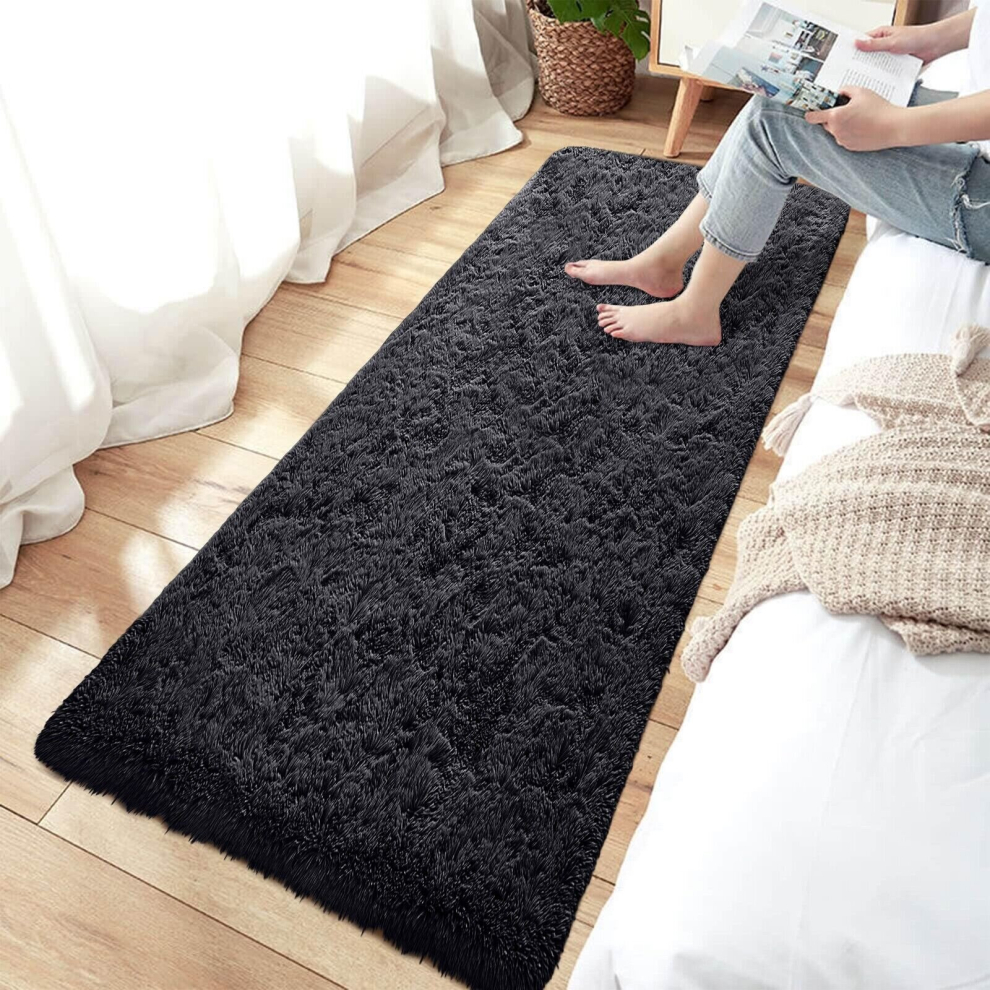 (80 x 300 cm (2 ft 6 in x 10 ft), Black) Shaggy Runner Rugs Non Slip Kitchen Hallway Runner