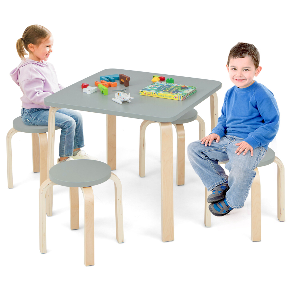 5 Pieces Kids Table & Chair Set Square Table & 4 Round Chairs Non-slip Foot Pads