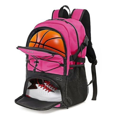 (PINK) Basketball Backpack Large Sports Bag With Separate Ball Holder