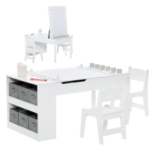 2-in-1 Kids Art Table and Chairs Set Wooden Toddler Craft Easel Desk W/ Shelves