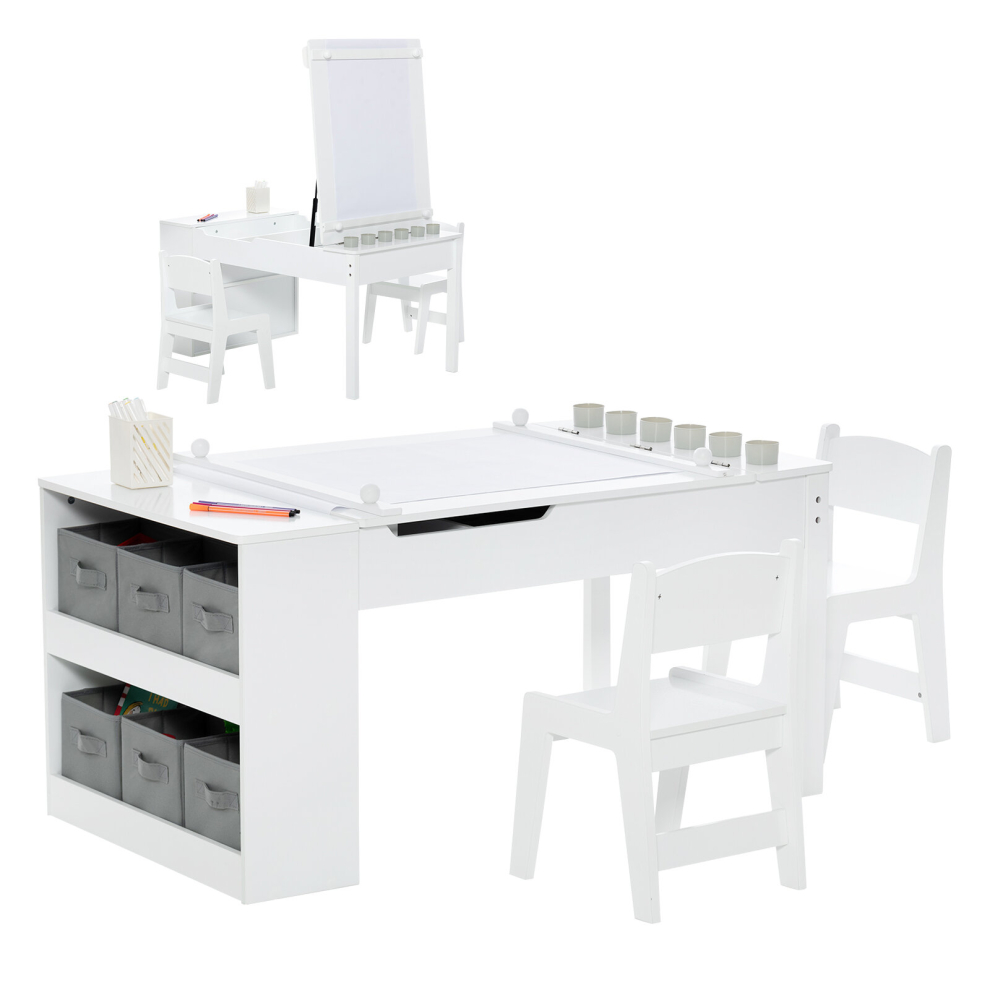 2-in-1 Kids Art Table and Chairs Set Wooden Toddler Craft Easel Desk W/ Shelves