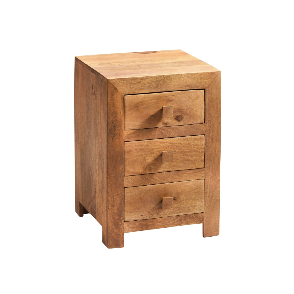 Contemporary Modern 3 Drawer Bedside Side Table Storage Light Walnut Mango Wood