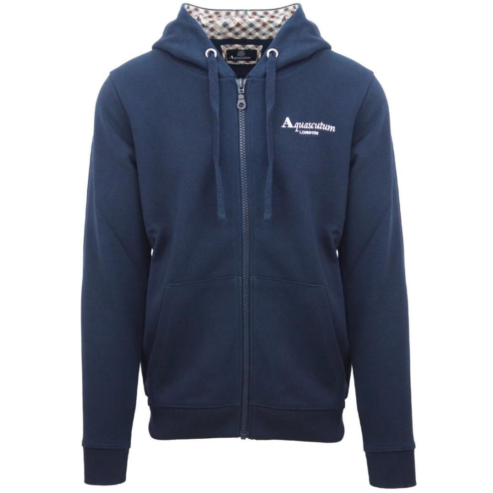 (XXL) Aquascutum Classic Embossed Signature Logo Navy Blue Zip-Up Hoodie