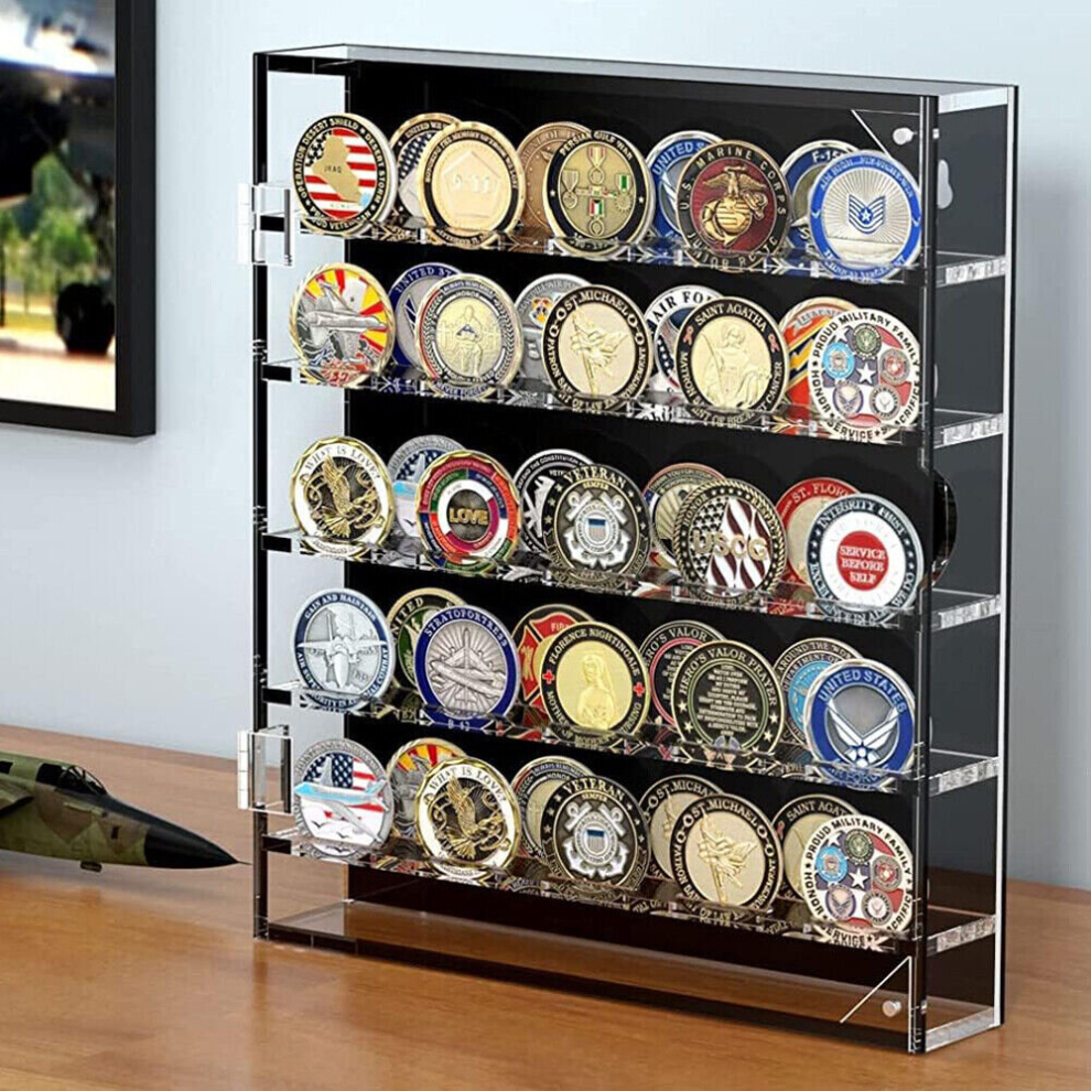 Challenge Coin Display, 5 Rows Coin Holder Stand Rack, Holds 45 Military Medals Shadow Box