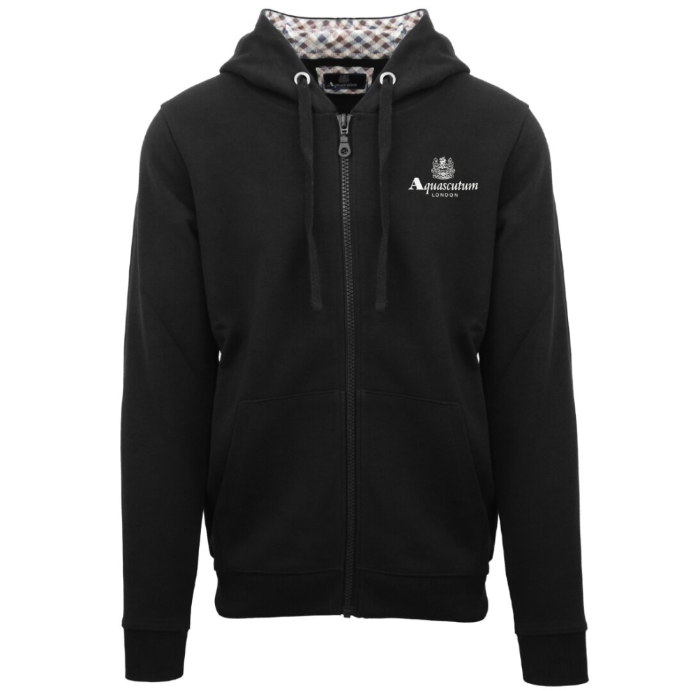 (XXL) Aquascutum London Embossed Signature Logo Black Zip-Up Hoodie