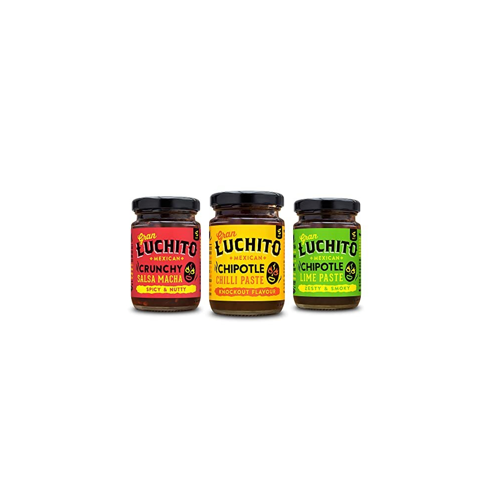 Gran Luchito Mexican Chilli Gift Set | Variety 3 Pack | Flavours Include Spicy Hot Salsa Macha, Smoky Chipotle and Sweet Chipotle Lime.