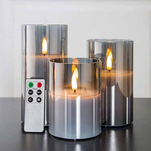 (Grey) Silver Gray Glass Flameless Flickering Candle Light with Remote Control