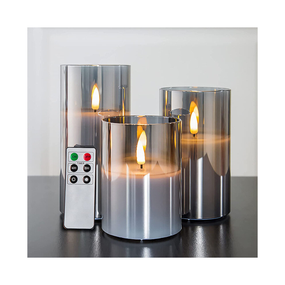 (Grey) Silver Gray Glass Flameless Flickering Candle Light with Remote Control