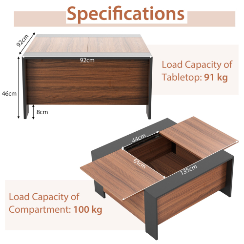 Casart 92cm Coffee Table w/Sliding Top Square Center Table Extendable Cocktail TeaTable 1
