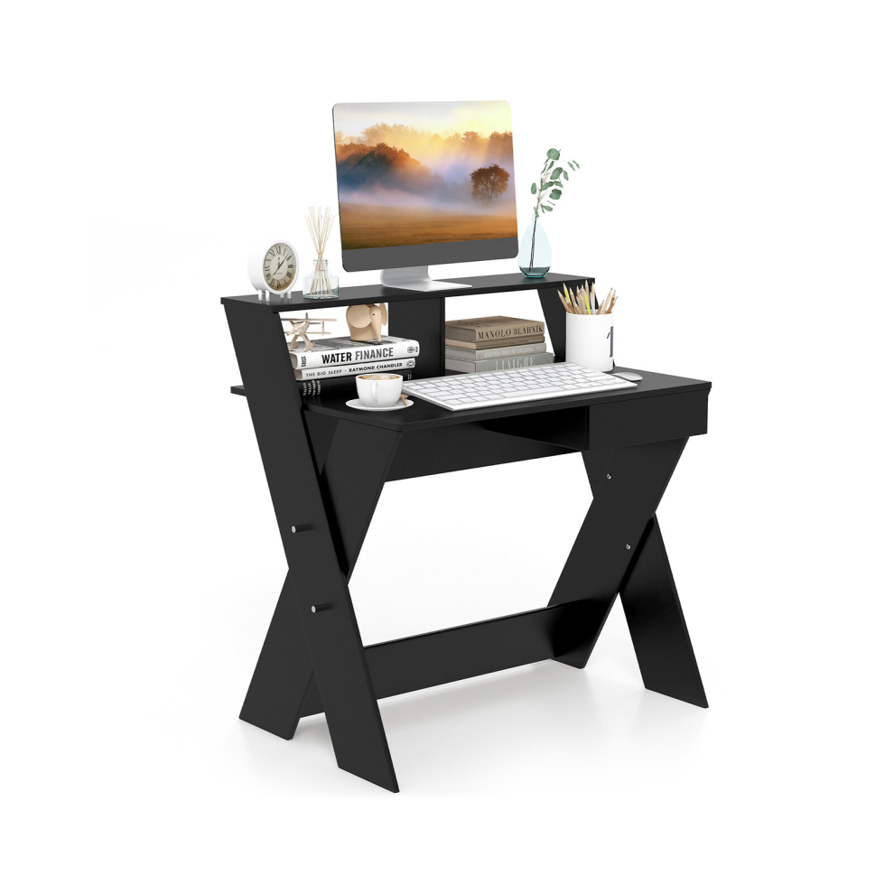 Wooden Computer Desk Home Office Writing Desk with Monitor Stand Riser X-shaped