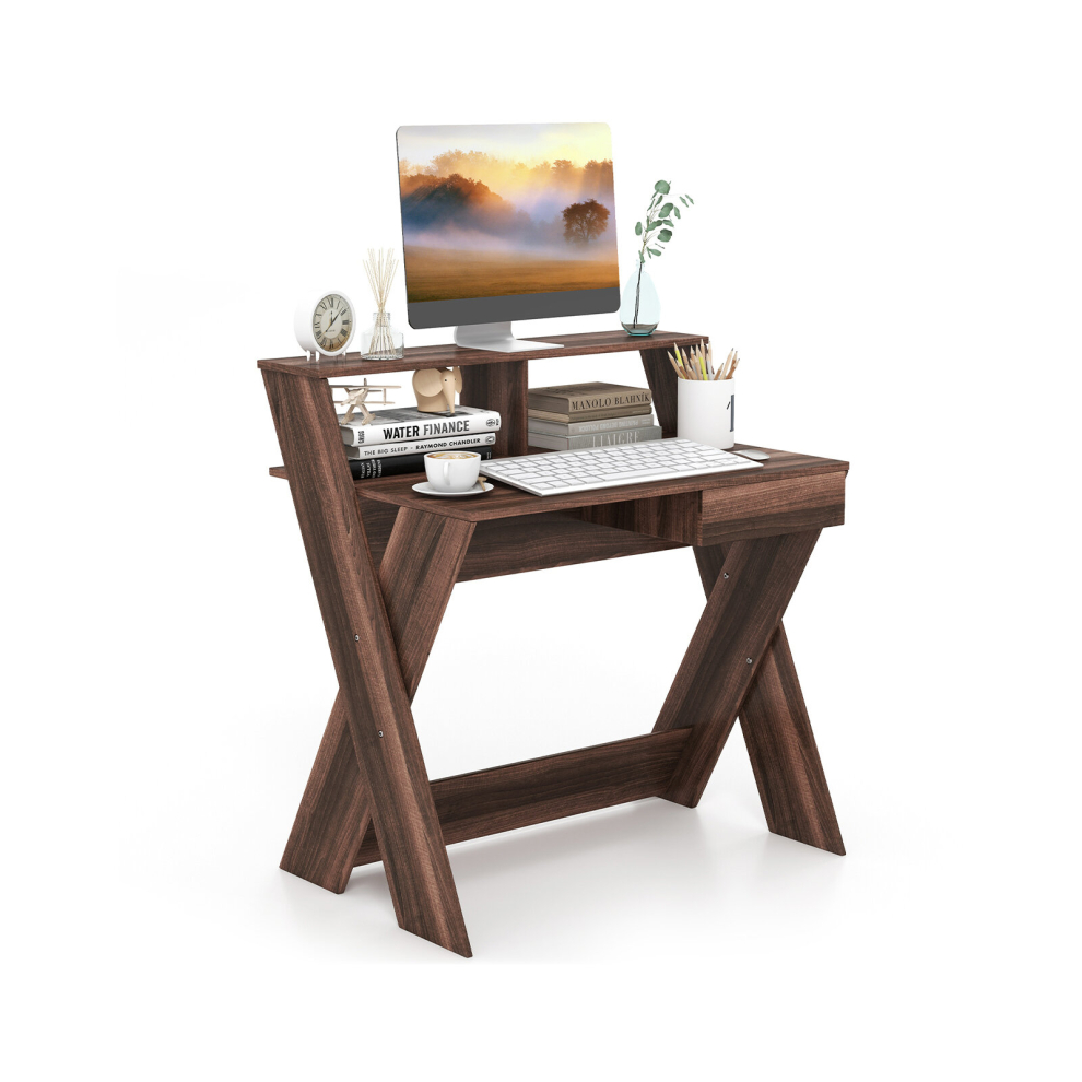 Wooden Computer Desk Home Office Writing Desk with Monitor Stand Riser X-shaped