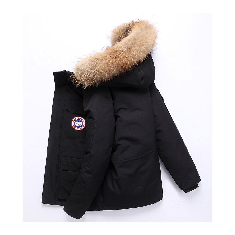 (black, 3XL) Workwear down jacket men's hair collar hooded thickened warm white duck down men's jacket