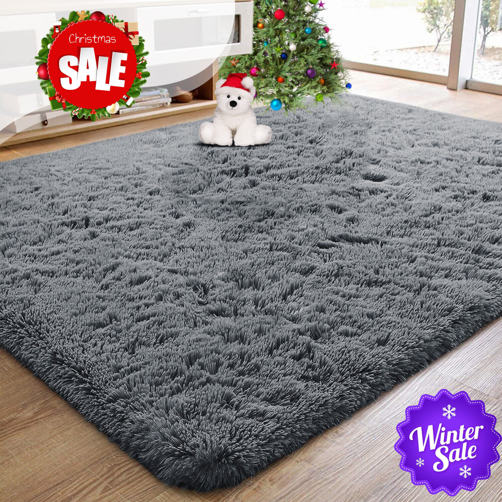 (Grey, 200 x 290 cm) Fluffy Shaggy Rugs Living Room Runner Carpet Mat