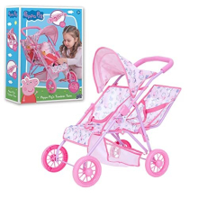 Peppa Pig Twin Stroller | Children's Baby Doll Twin Pram Toy | Pink Peppa Pig Themed Double Pushchair | Easy Umbrella Fold Kids Stroller | Suitable