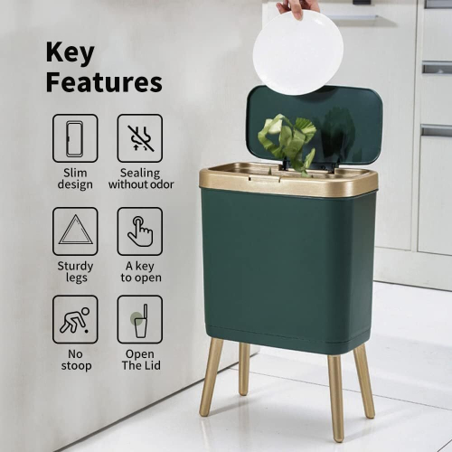 Small Bathroom Garbage Can with Lid, Plastic Trash Can with Push Button