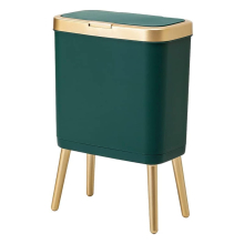 Small Bathroom Garbage Can with Lid, Plastic Trash Can with Push Button,Narrow Waste Basket for Bedroom,Living Room, Toilet,Office,4 Gal-Gold Edge
