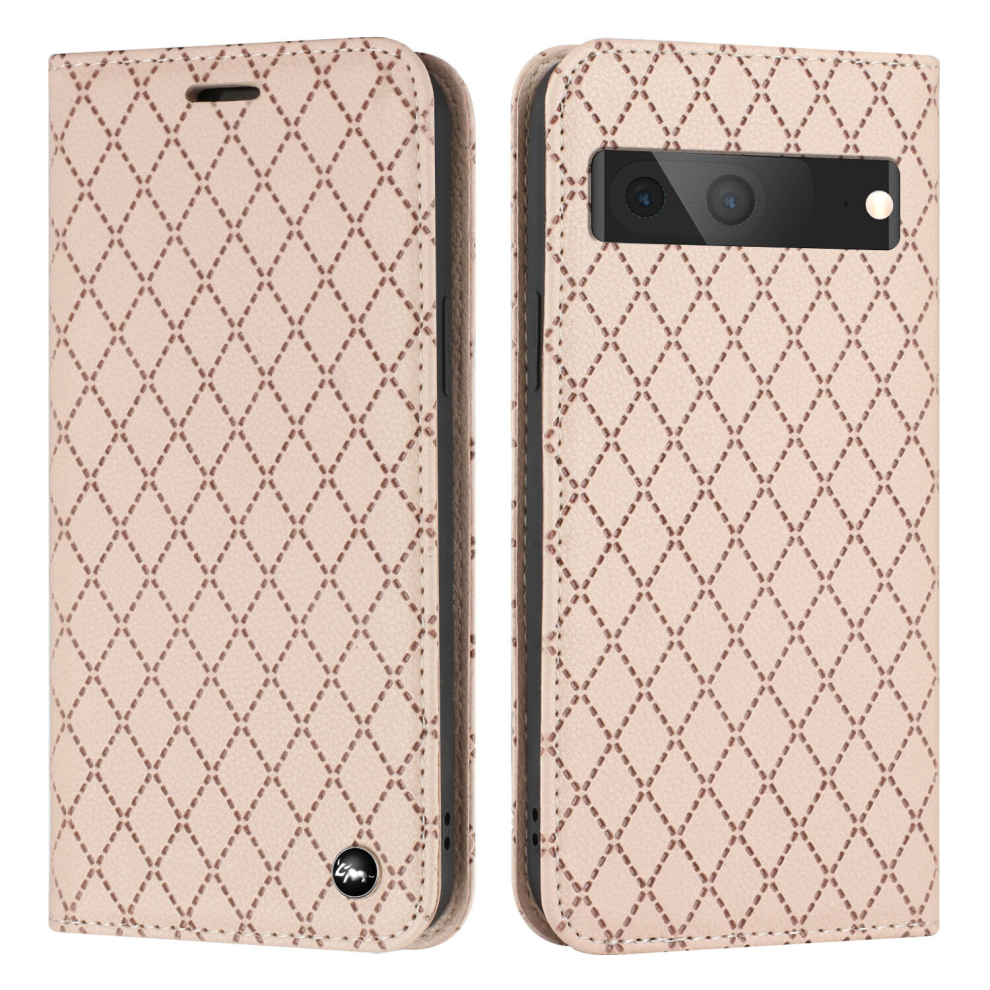 For Google Pixel 7 Case, PU Leather Flip Cover Magnetic Closure Wallet Card Slots Stand Case Lattice Design,Light Pink