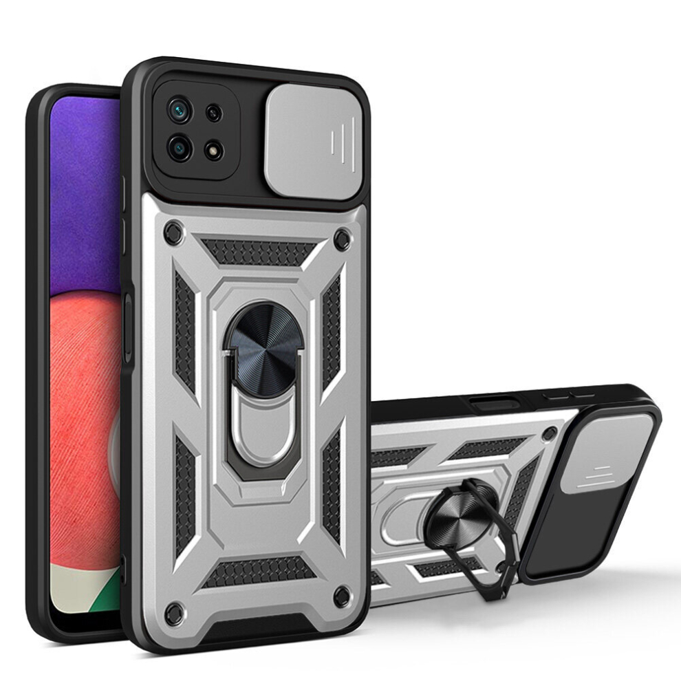 Magnetic Phone case For Samsung Galaxy A22 5G, Slide Camera Lens Protection and Built in 360 Rotatable Ring Holder,Silver