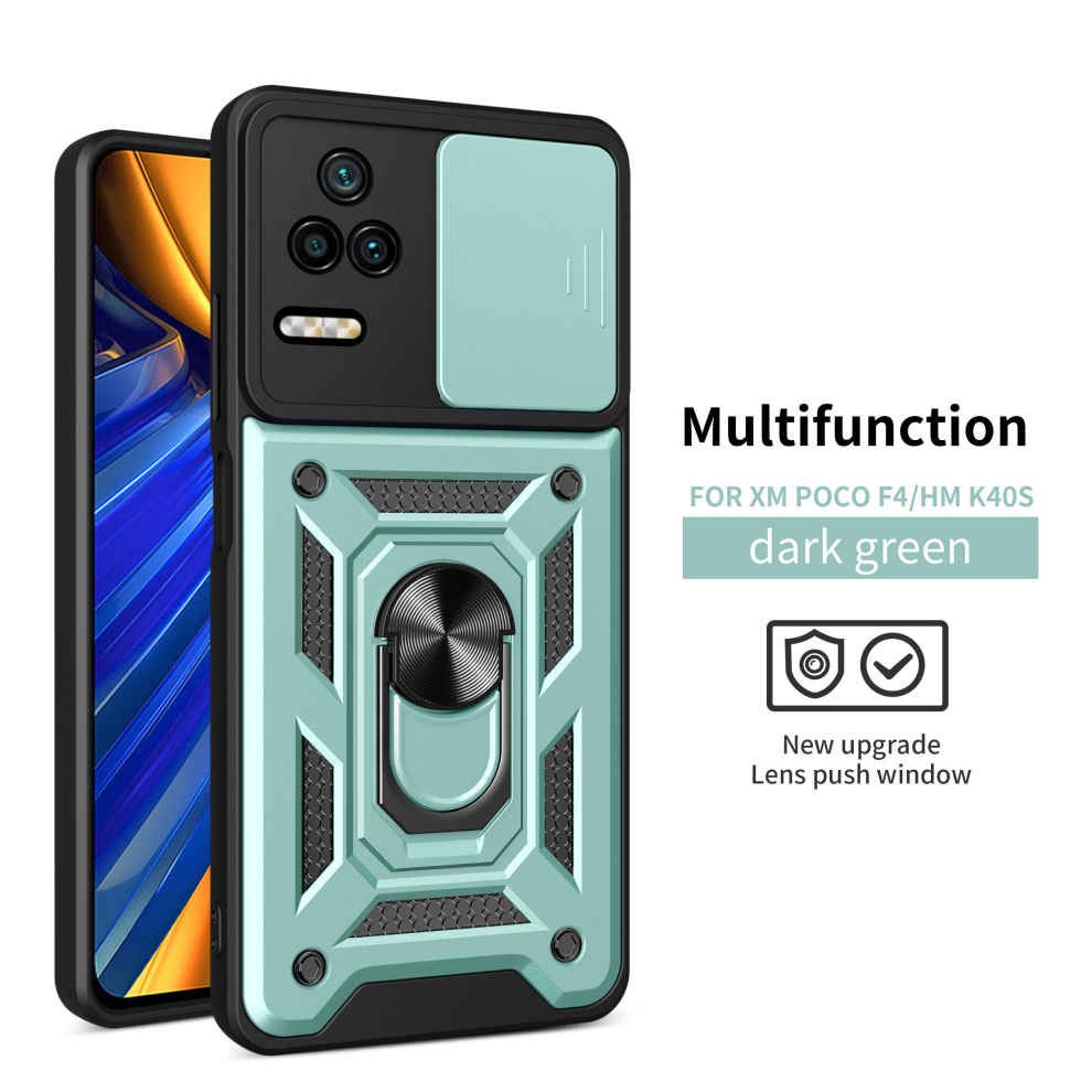 Magnetic Phone case For Xiaomi Poco F4/ Redmi K40S, Slide Camera Lens Protection and Built in 360 Rotatable Ring Holder,Green