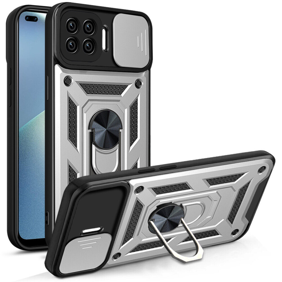 Magnetic Phone case For Oppo A93 2020/ Reno 4 Lite/ F17 Pro, Slide Camera Lens Protection and Built in 360 Rotatable Ring Holder,Silver