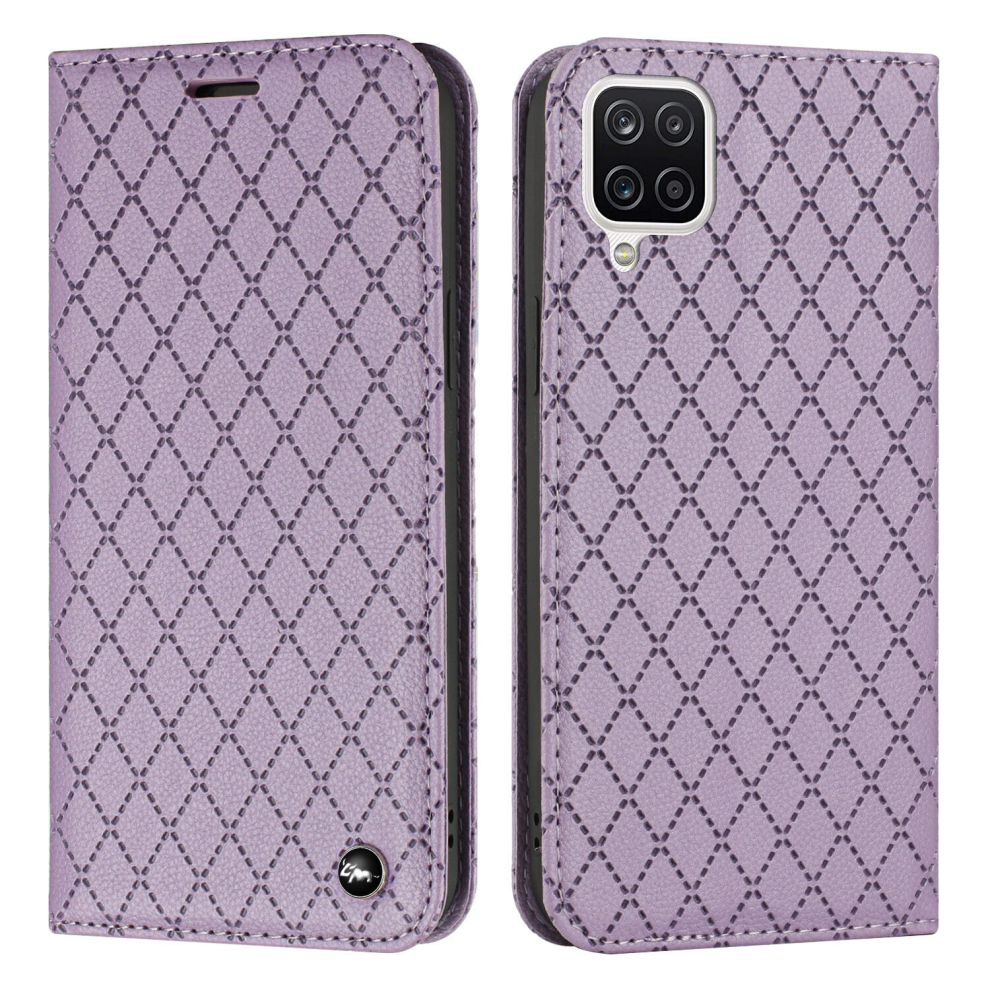 For Samsung Galaxy A12 4G /M12 4G /F12 4G Case, PU Leather Flip Cover Magnetic Closure Wallet Card Slots Stand Case Lattice Design,Purple