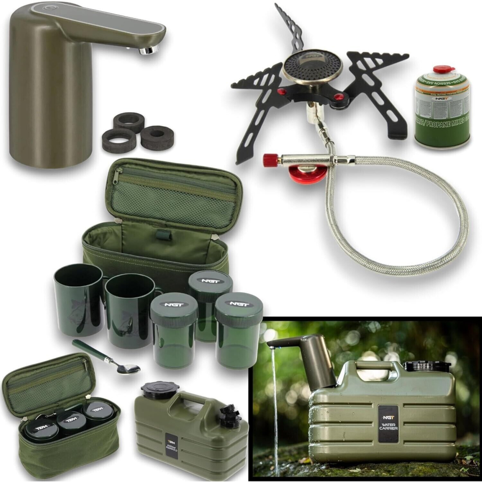 NGT FISHING BREW KIT SET 11L WATER TUB TAP GAS STOVE POTS TEA CASE CARP CAMPING