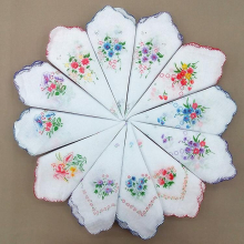 Pack Of 12 Women's/women's Fringe Print Embroidered Handkerchiefs With Satin Stripe Border, 100% Cotton