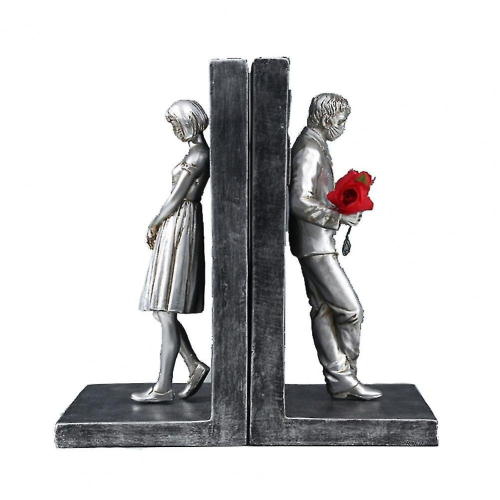 (Silver) 2pcs Bookends Resin Banksy Book Ends Bookshelf 3d Figure Mold Books End Miniature Figurine Decorative Book Holder Sujetalibros