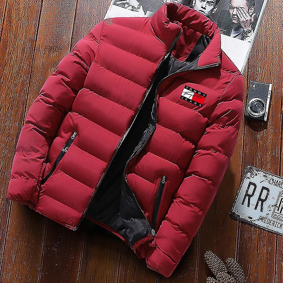 (Wine Red, XL) Men's Padded Coat Mid-length Thick Down Jacket Winter Warm Coat Fitted Fit